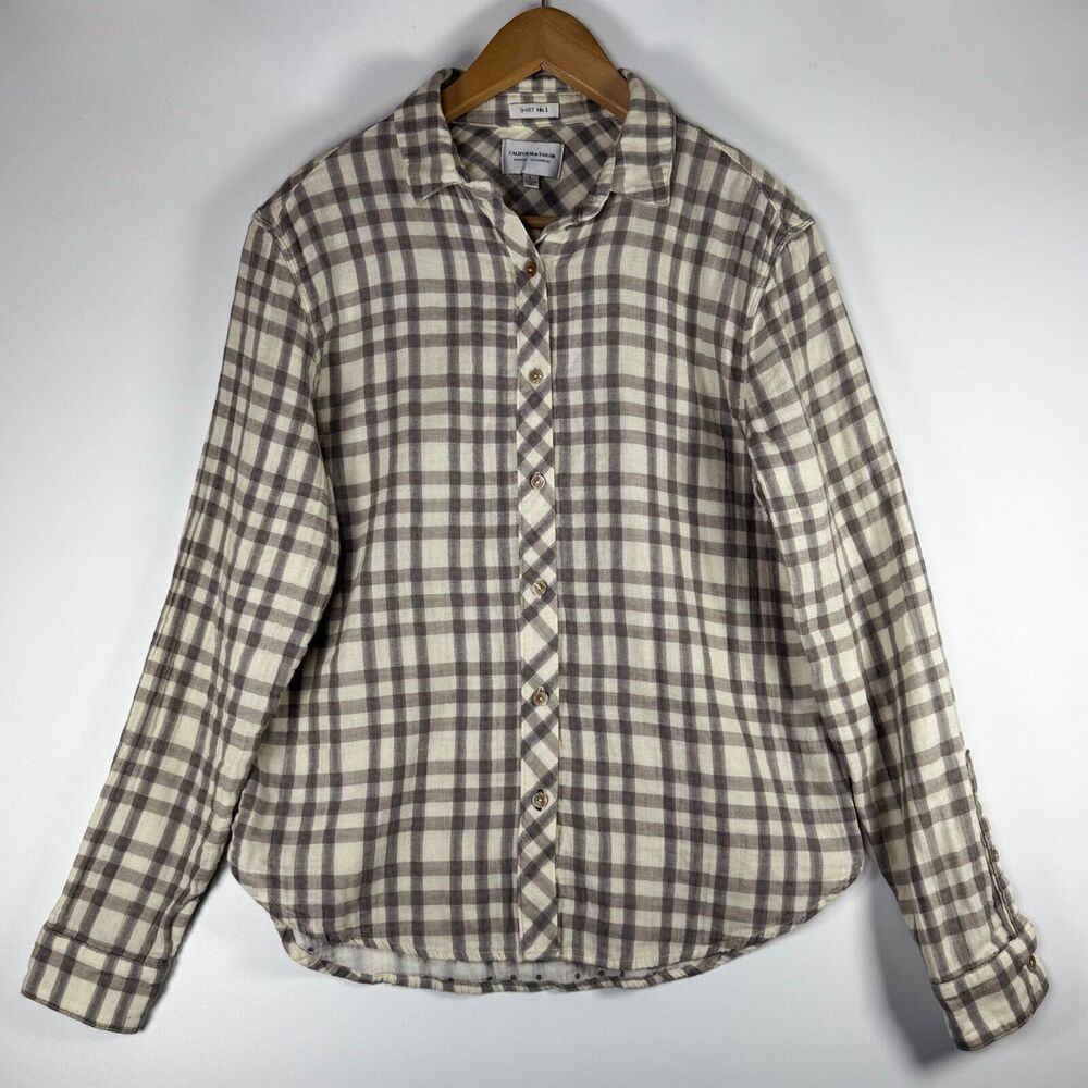 California Tailor Plaid Button‎ Down Shirt Womens Large Ivory Brown Made in USA